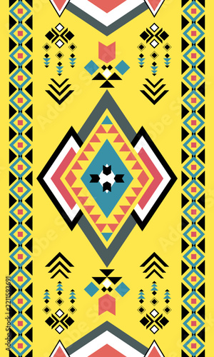 Vertical geometric ethnic pattern in yellow with tribal-inspired motifs.