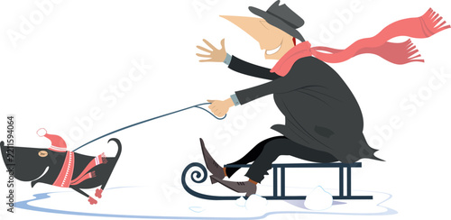 Happy man rides on sledge being dragged by a dog