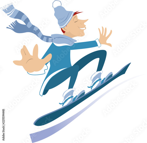 Winter sport. Snowboarding young man