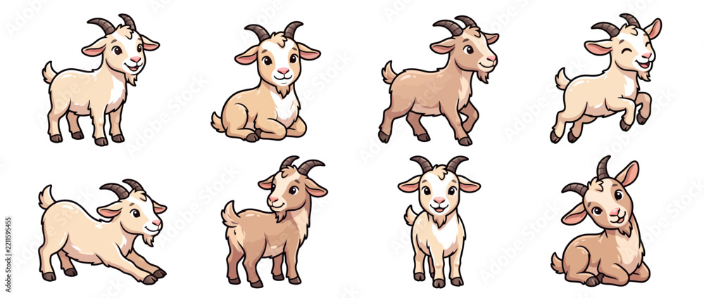 Fototapeta premium Collection of eight adorable goat character illustrations featuring varied playful poses including sitting standing walking jumping and resting