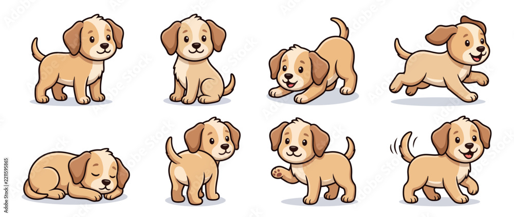 Obraz premium A delightful collection of eight charming light brown puppy character illustrations showcasing various playful poses arranged in a balanced grid