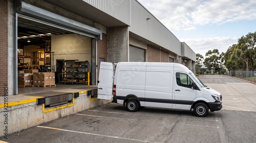 Delivery van parked at a loading dock next to a warehouse entrance