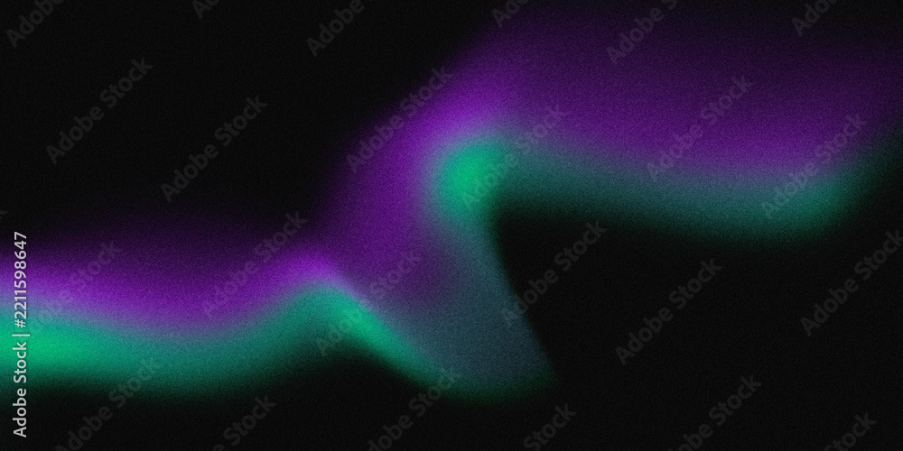 Naklejka premium Abstract glowing purple and green light wave on dark background, minimalist aurora gradient with grain
