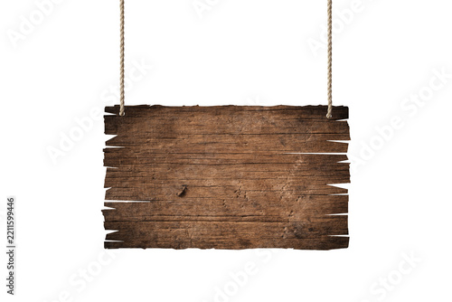 wooden blank sign hanging with chain and rope on white background