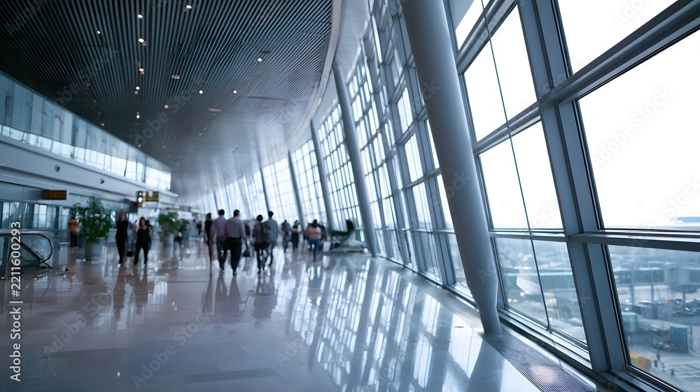 Fototapeta premium Modern airport terminal with travelers walking past large under bright diffused light polished floor reflecting structural elements