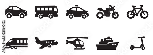 Modern vehicle icon pack with clean black lines for city navigation maps and mobile application designs.