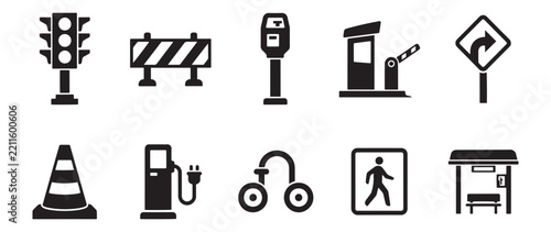 Road traffic urban infrastructure black silhouette icon set collection for city navigation projects.