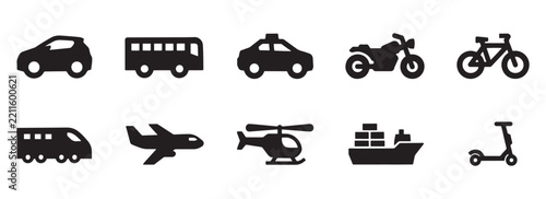 Vehicle silhouettes collection for logistics and delivery apps featuring monochromatic transportation icons.