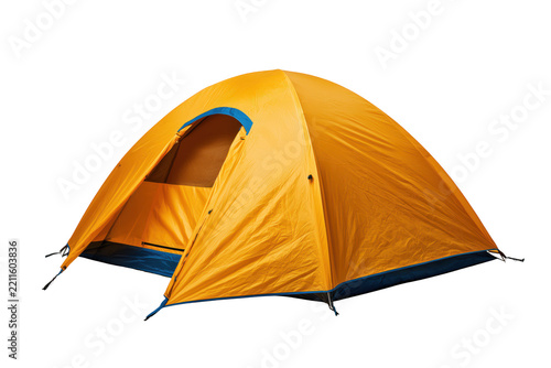 Bright yellow dome tent with blue trim isolated on transparent background for camping outdoor adventures