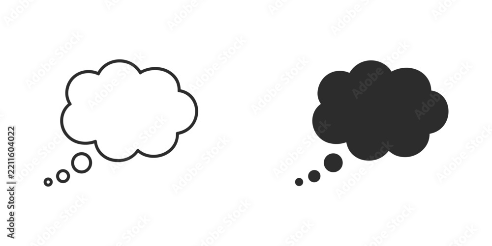 Obraz premium Thought Bubble Icons: A pair of stylized thought bubbles, one outlined in white and the other solid black, represent the abstract concept of thinking and contemplation.