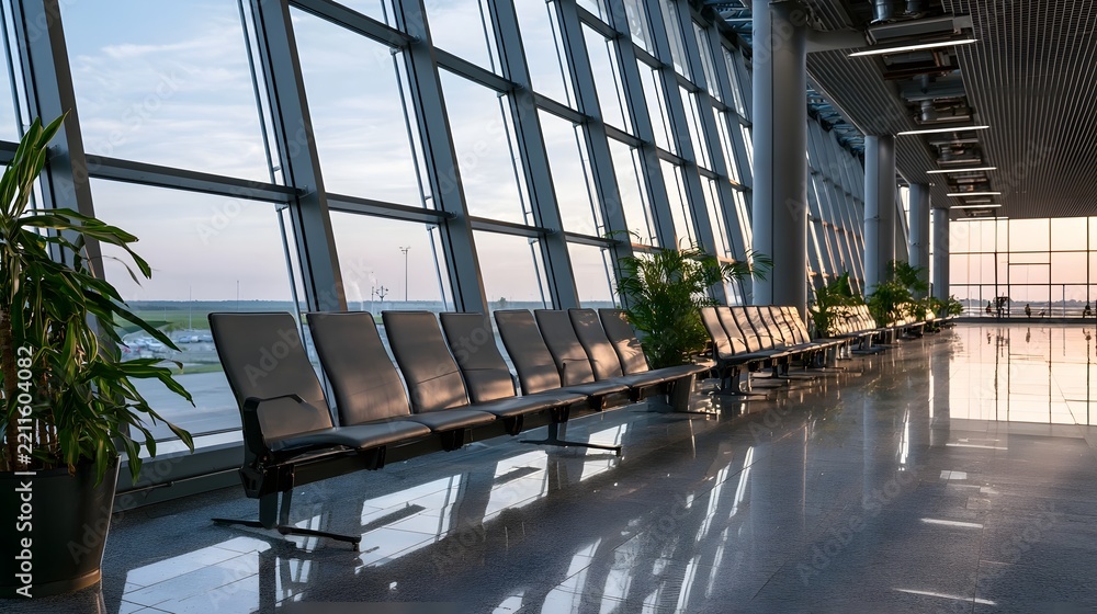 Fototapeta premium Modern airport terminal with rows of empty seating large overlooking tar and polished floor reflecting light
