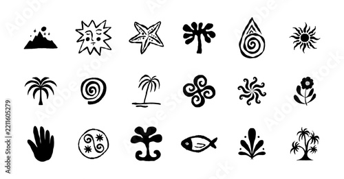 Hand Drawn Mystical Nature Vector Symbols Collection with Sun, Starfish, Spirals, Palms, Fish, Sacred Shapes and Organic Icons for Branding, Packaging, Posters, Apparel and Tattoo Design