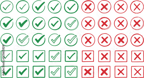 Hand drawn green check marks and red cross icons