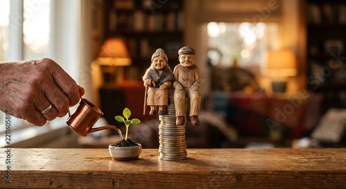 Senior hand watering a small plant next to wooden figurines on coins