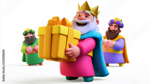 Wise man cartoon character carrying large wrapped gift box with golden crown, 3d render of magi king for christmas and epiphany concept. 