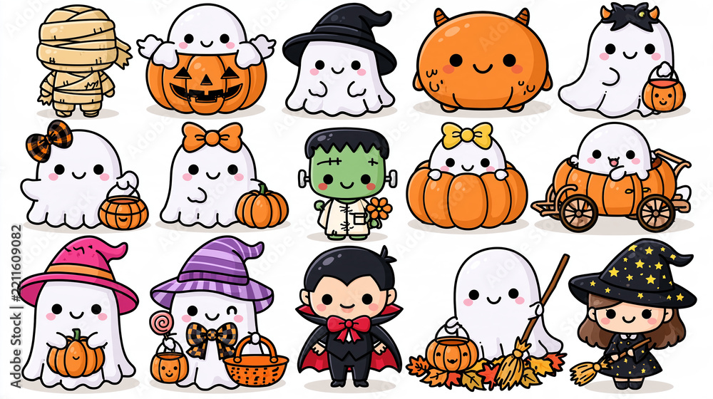 Obraz premium A collection of 15 cute, cartoonish Halloween characters on a plain white background, kawaii cartoon style with simple smiles, a mummy in tan bandages, a white ghost popping out of