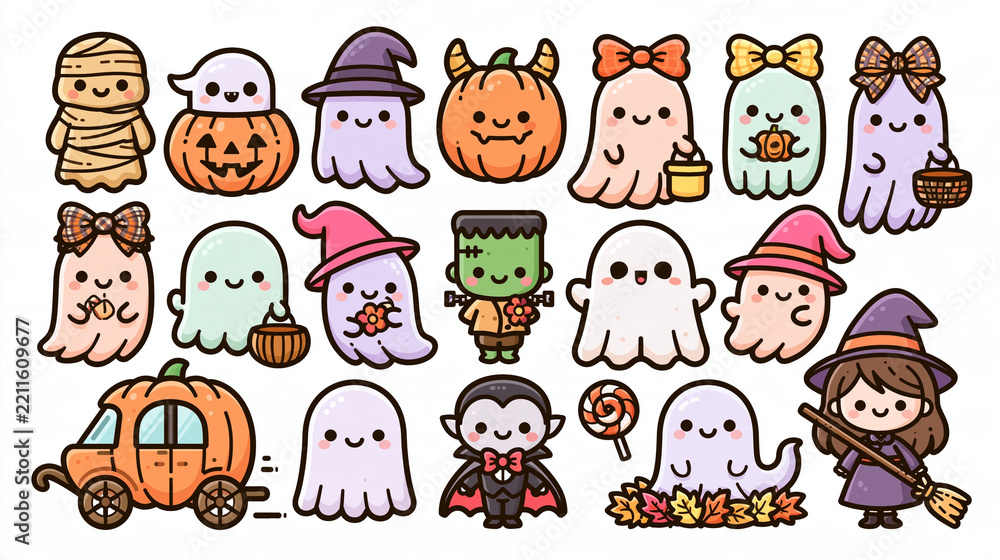 Fototapeta premium Cute Halloween pattern-style collection of 15 cartoon characters on a plain white background, minimal doodle style, thin dark outlines with soft pastel fills in peach, lavender, mi