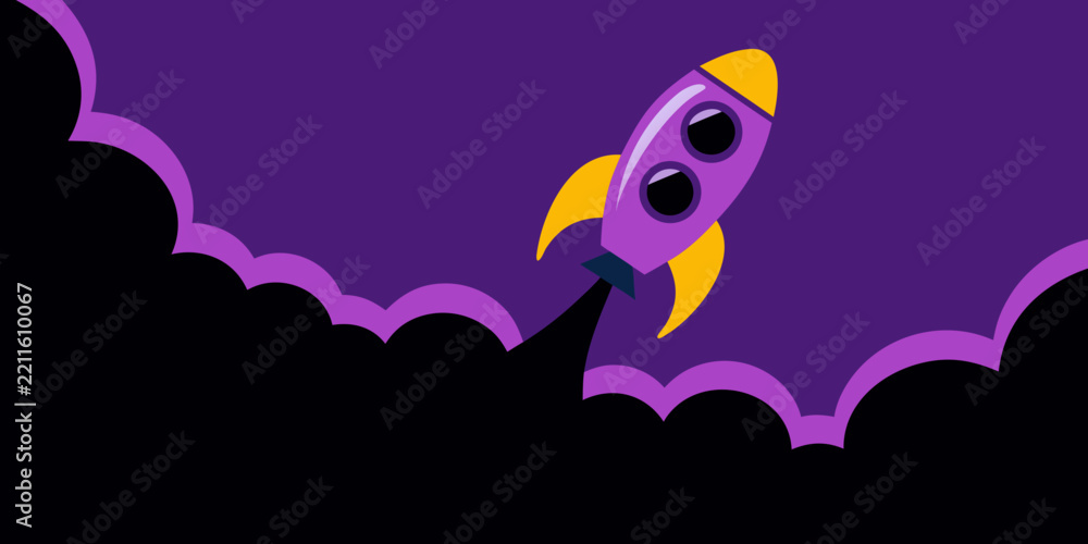 Fototapeta premium Minimalist Purple Rocket Launching In Space For Creative Business Growth Concepts And Tech Branding Design Assets