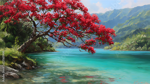 an oil painting of a red flowering tree