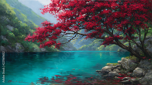 an oil painting of a red flowering tree