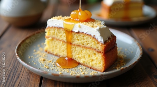 Slice of moist sponge cake topped with whipped cream and caramel sauce