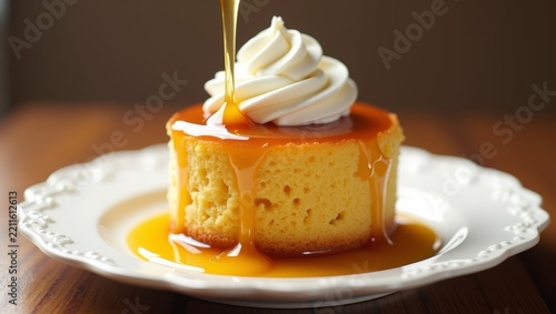 Slice of moist sponge cake topped with whipped cream and caramel sauce