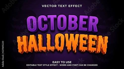 Dynamic October Halloween text effect with melting orange letters and purple highlights on dark background featuring jack-o'-lanterns.