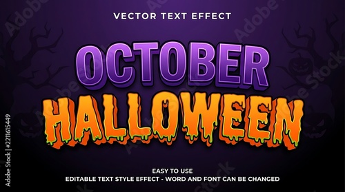 vector text effect for october halloween lettering with spooky purple and orange drip design for holiday decoration.