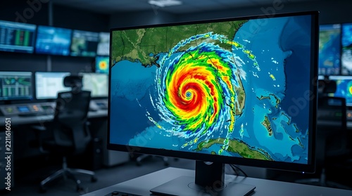 Severe hurricane approaching Florida coast on professional meteorological tracking monitor in science center showing atmospheric radar forecast with storm spiral.
