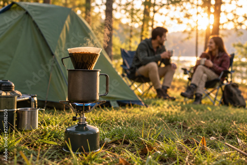 Close-up of coffee brewing in a camping mug on portable gas stove with green tent and blurred couple sitting on camp chairs in sunny forest, relaxing outdoor camping morning