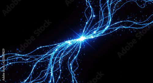 A vibrant, energetic burst of blue light emanates from a central point, spreading outwards in a complex network of glowing lines and sparks.
