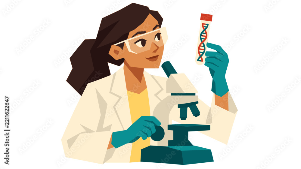 Fototapeta premium Woman scientist examining a DNA sample beside a microscope
