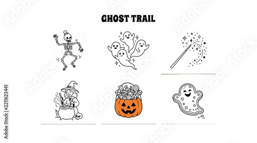 Ghost trail collection with dancing skeleton ghosts magic wand witch pumpkin candy