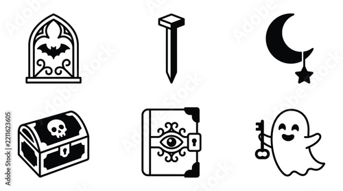 Set of halloween themed icons including bat window, nail, moon, chest, book