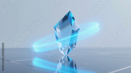 Blue crystal on white reflective surface