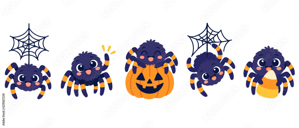 Fototapeta premium Cute Halloween spiders with a pumpkin and spider webs