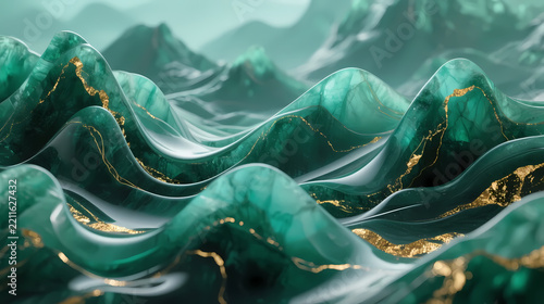 Green waves with golden texture and misty blue mountains
