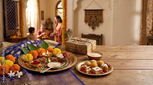 Traditional Bhai Dooj celebration with festive puja thali and sweets - ai generative