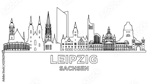 Leipzig Germany Skyline Line Art Vector - Sachsen Cityscape Outline Drawing with Famous Landmarks
