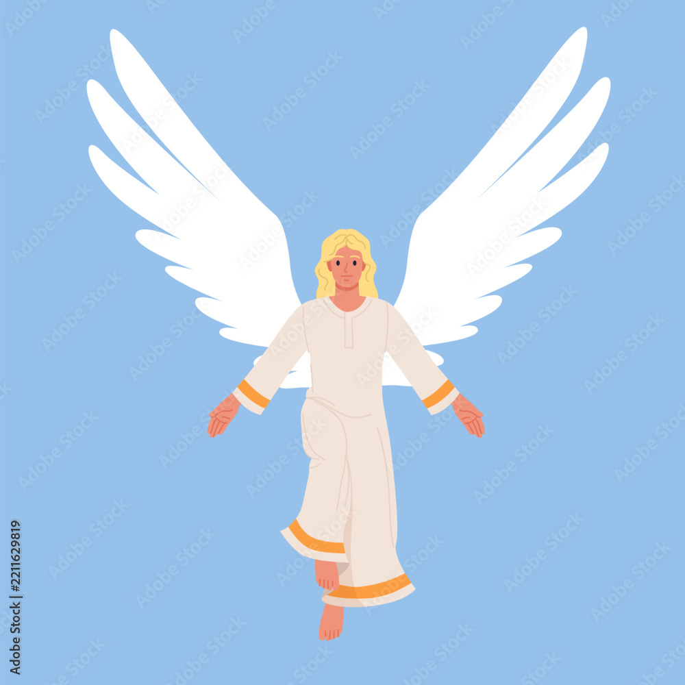 Fototapeta premium Blond angel in flowing robe with large white wings, floating against blue background in a calm heavenly scene for religion, Christmas, faith, spirituality vector illustration