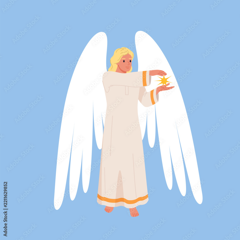 Fototapeta premium Blonde guardian angel with large white wings and flowing robe gently presenting a glowing star, spiritual heavenly character for Christmas, faith, religion themes vector illustration