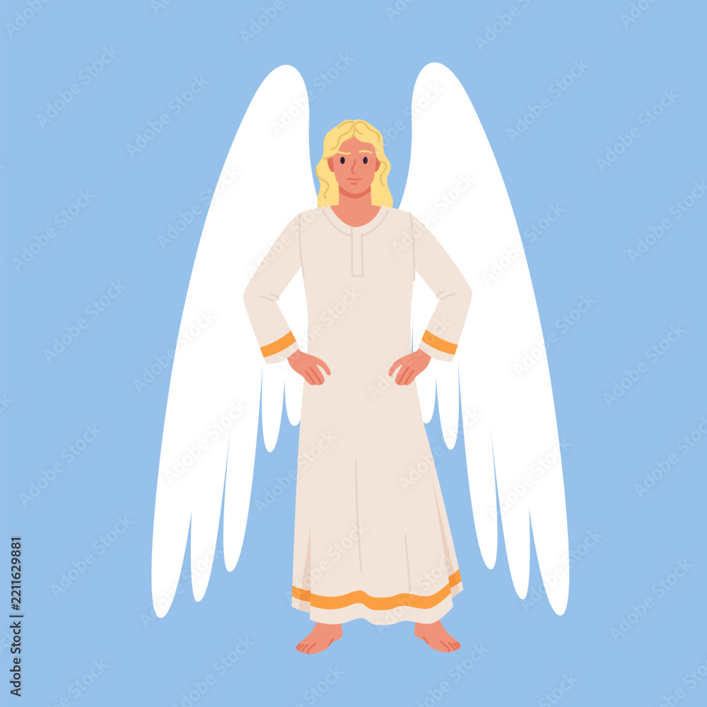 Fototapeta premium Blond guardian angel in white robe with large wings standing front view on blue background, spiritual heavenly figure for religion, faith, Christmas or memorial themes vector illustration