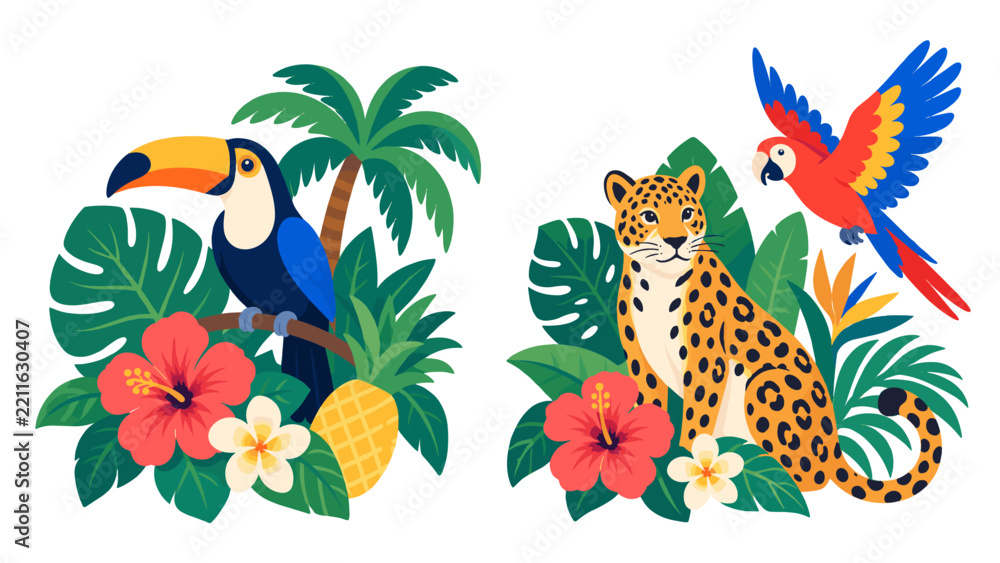 Fototapeta premium Tropical toucan and jaguar with a flying macaw and jungle foliage