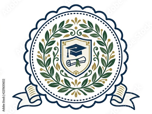 Circular emblem with laurel wreath, graduation cap, and diploma scroll