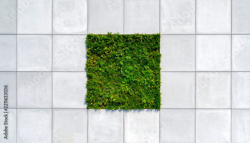 Square patch of dense green vegetation embedded in a clean white tiled surface
白いタイル面に四角く切り取られた濃い緑が映す都市と自然の境界