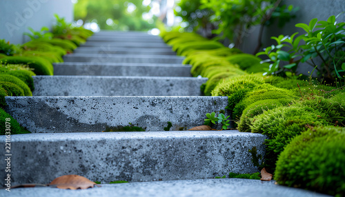 Moss growing along concrete steps in a close view of nature meeting urban design
コンクリート階段に沿って広がる苔と都市デザインの自然な境界