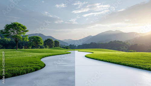 Winding white pathway through green landscape with mountains in soft evening light
緑の風景の中を曲線的に伸びる白い道と山並みのある穏やかな景観