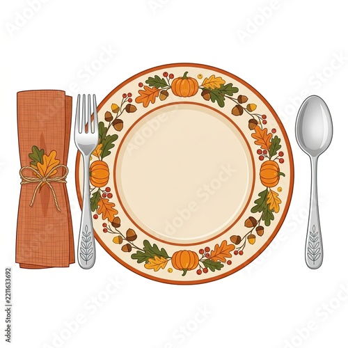 Thanksgiving dinner place setting with pumpkin and leaf patterned plate