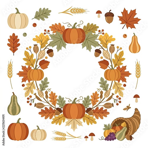 Autumn harvest wreath with pumpkins, leaves, gourds, and cornucopia