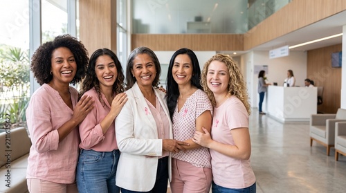 Diverse group of women smiling and wearing pink for breast cancer awareness in a modern clinic lobby